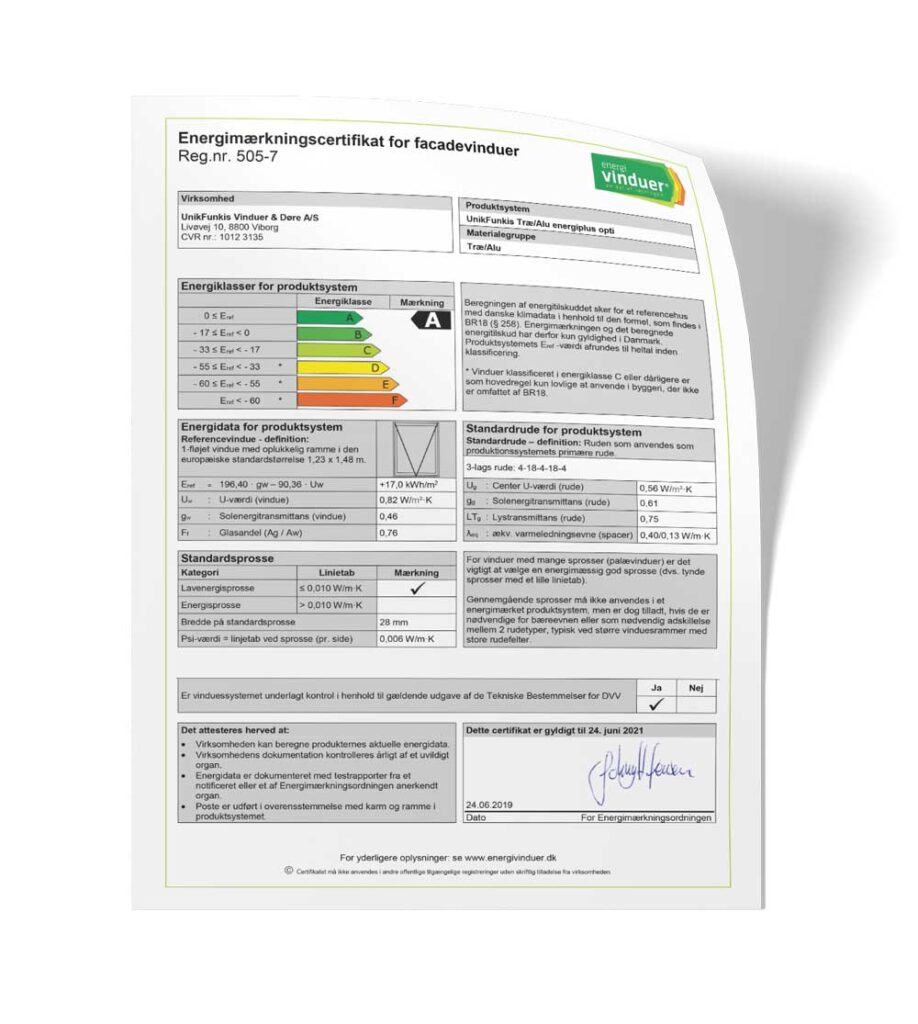 Certifikat Træ/alu energiplus optimeret